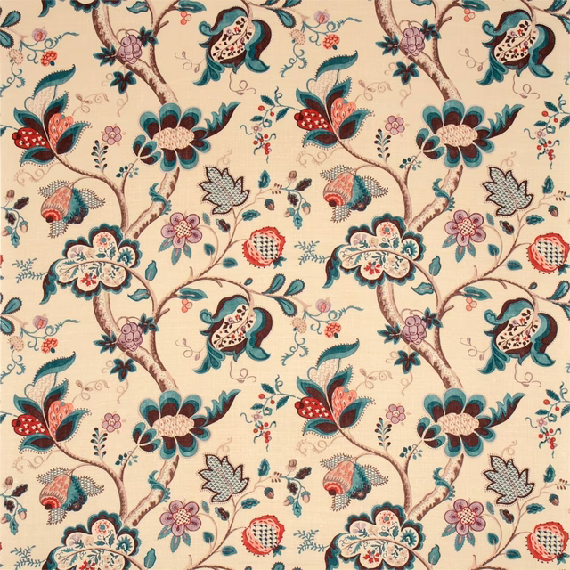 Cream botanical fabric with teal, cherry and coral floral trail motif