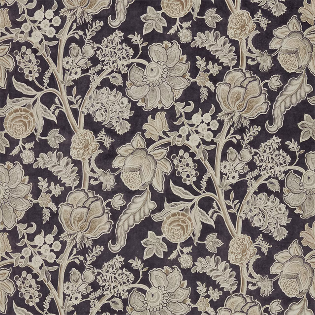 Dark graphite floral fabric with large ivory and taupe botanical motifs