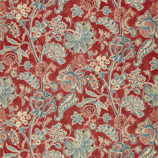 Ruby red floral fabric with teal and cream scrolling blossoms