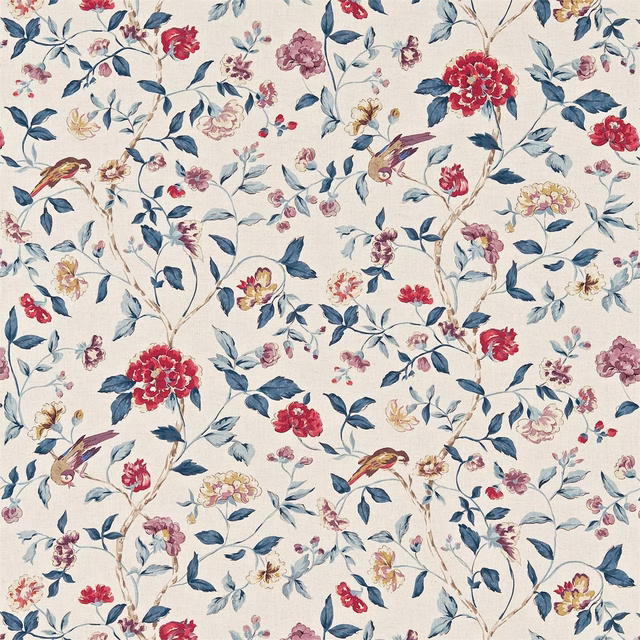 Cream floral fabric with indigo leaves, ruby blossoms and small birds