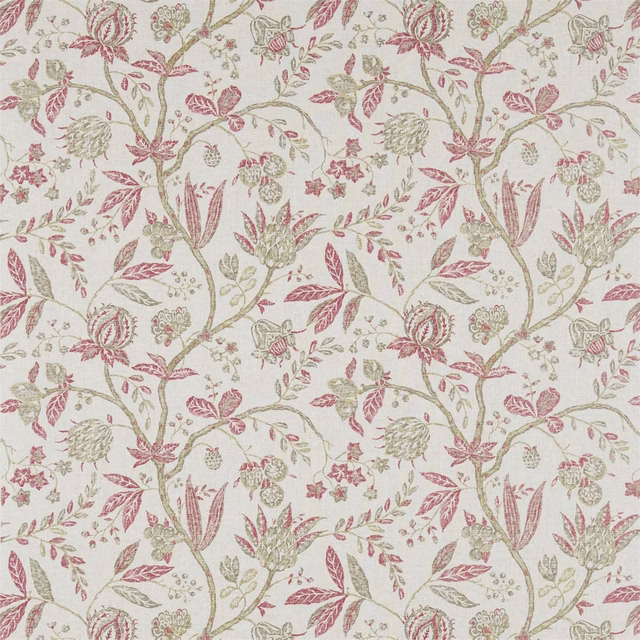 Russet pink and sage floral trail on a cream woven fabric swatch