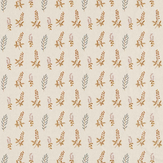 Cream fabric swatch with tiny botanical sprigs in denim blue, ochre and blush