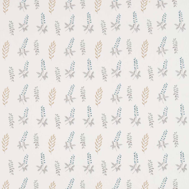 Cream fabric swatch with tiny botanical sprigs in teal, Dijon and grey