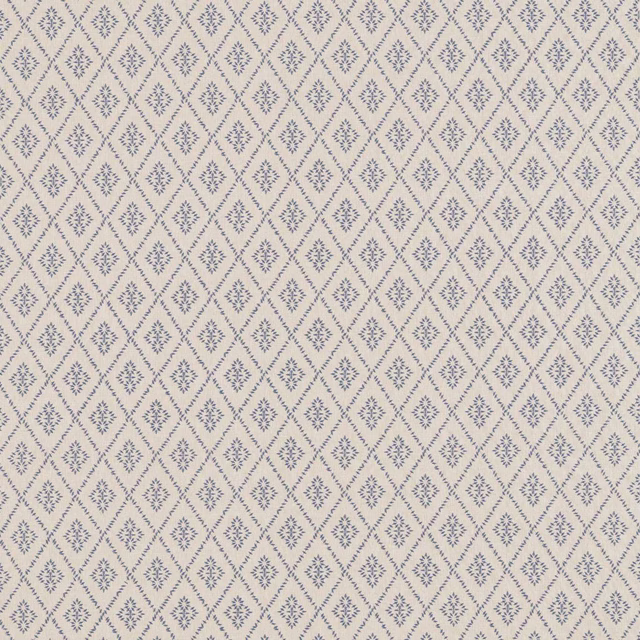 Cream fabric with a small repeating blue diamond and floral geometric weave