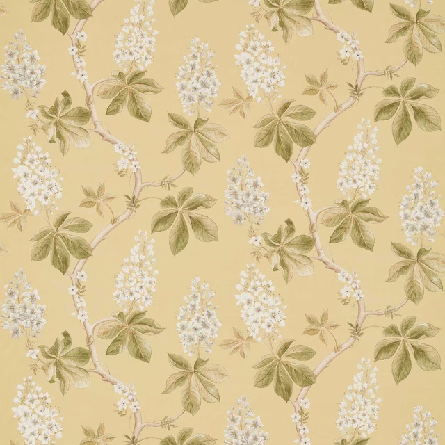 Lemon-yellow botanical fabric with chestnut leaves, white blossom and pale branches