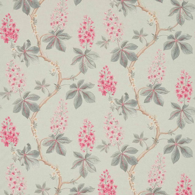Botanical fabric swatch with seaspray ground, pink blossom and sage leaves