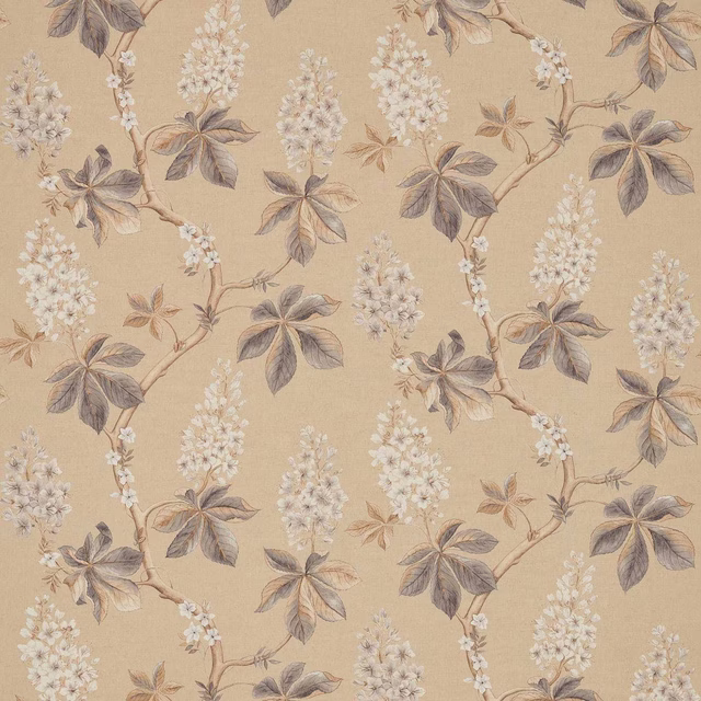 Wheat-beige botanical fabric with pebble-grey leaves and blossom on branches