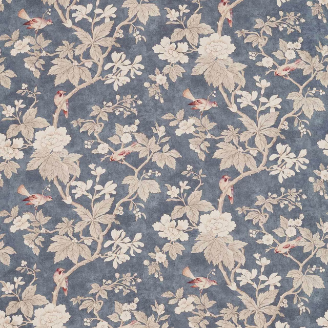 Blue botanical fabric with cream leaves, blossoms and small birds