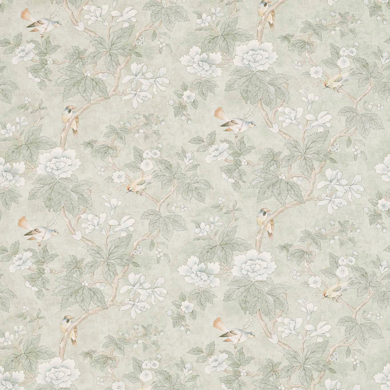 Soft sage green woodland fabric with birds, leaves and pale blossom
