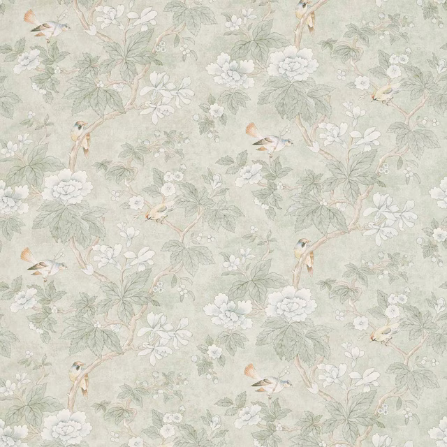 Soft sage green woodland fabric with birds, leaves and pale blossom
