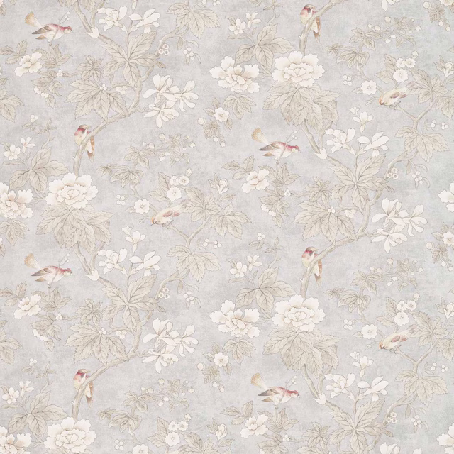 Soft silver-grey woodland fabric with birds, blossoms and leafy branches
