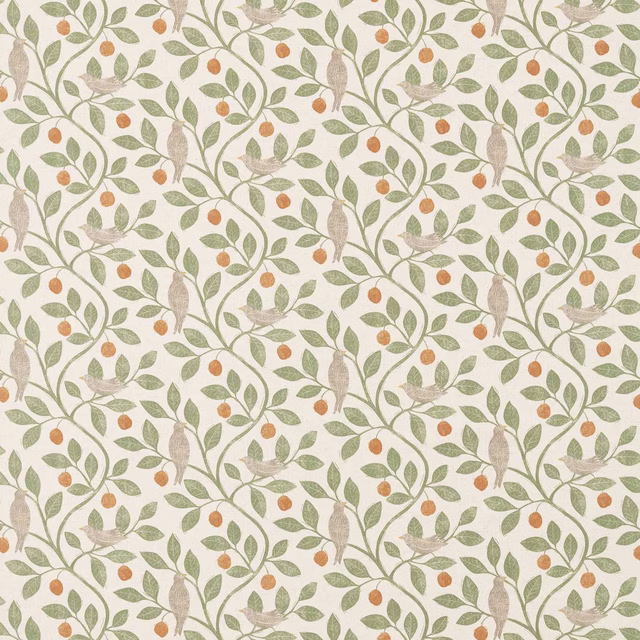 Printed woodland fabric with birds, leafy branches and orange berries on ivory ground