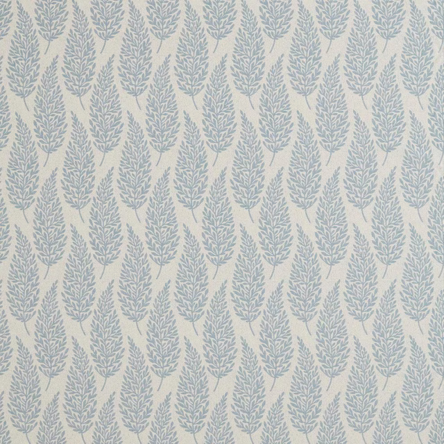 Pale ground fabric with repeating soft denim-blue leaf sprigs