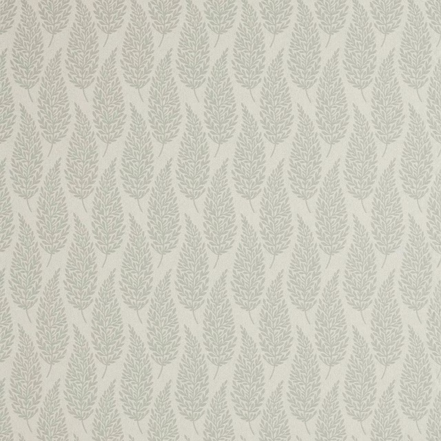 Pale fennel green leaf motif on warm ivory woven fabric swatch