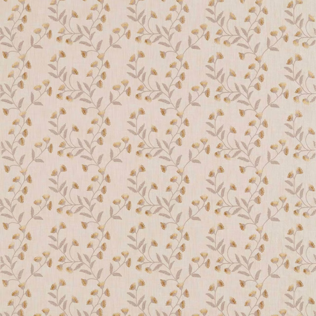 Pale barley-beige floral trail fabric with taupe stems and small golden buds