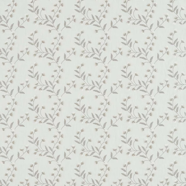 Pale floral fabric with soft mineral grey trailing leaves on a light ground