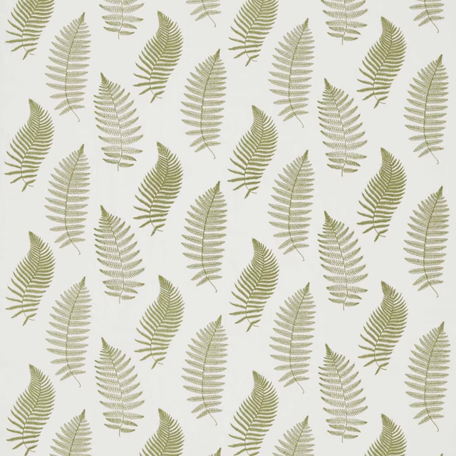 Ivory fabric with repeating moss green embroidered fern fronds