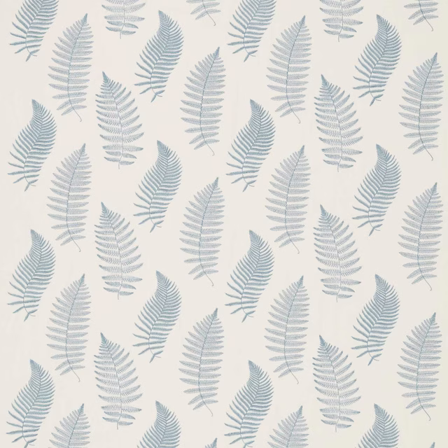 Powder blue fern embroidery pattern on a pale cream fabric swatch