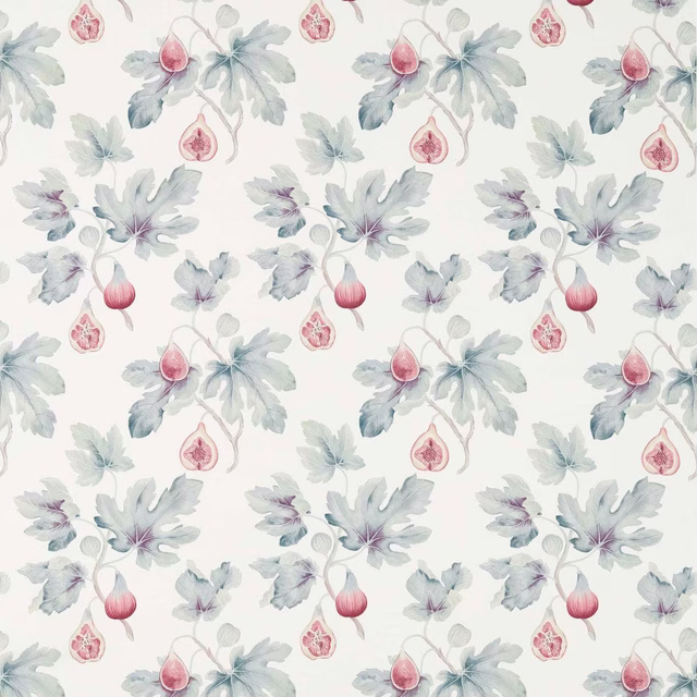 Watercolour fig leaf and fruit fabric in chalky blue-grey and orchid pink