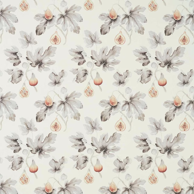 Botanical fig and leaf print in soft sepia grey on a pale cream ground