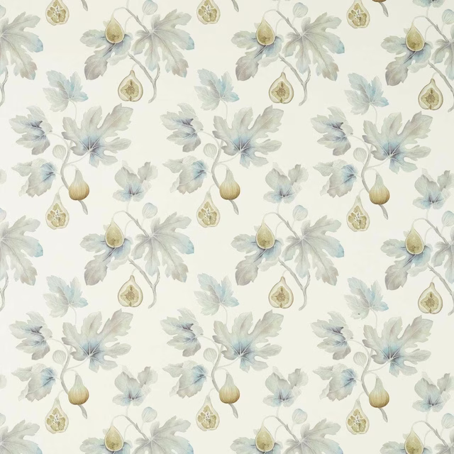 Cream fabric swatch with painterly fig leaves and pale blue fruit motif