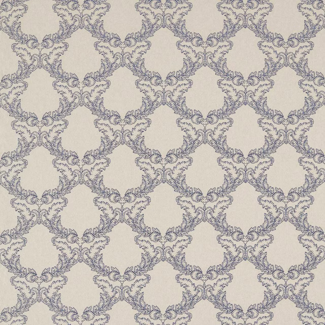 Pale ground fabric with repeating indigo leaf-linked lattice motif