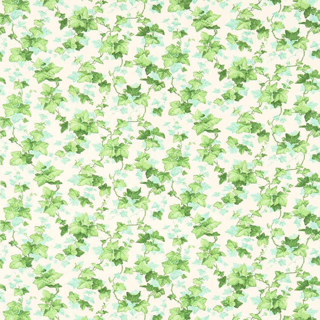 Printed ivy leaves in soft green tones on a pale ground