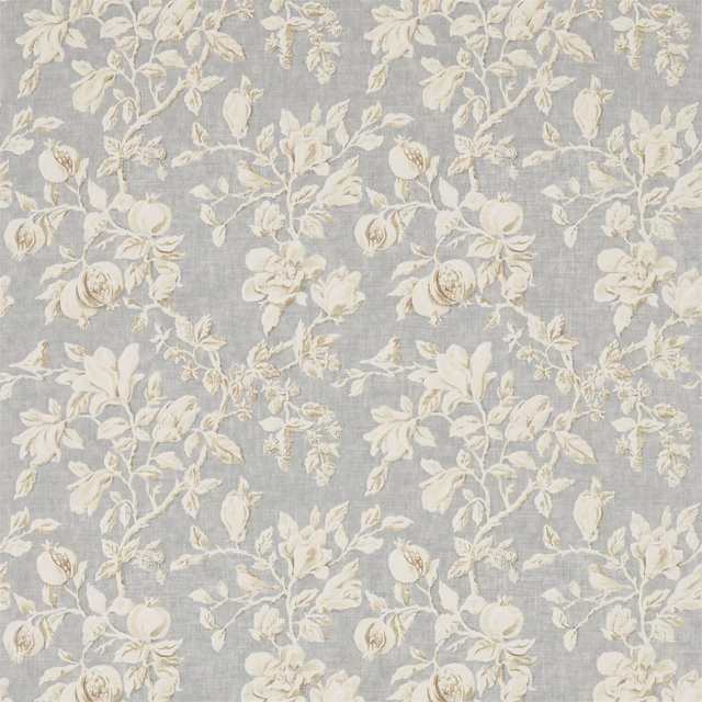 Pale floral fabric with cream magnolia and pomegranate motifs on a grey-blue ground
