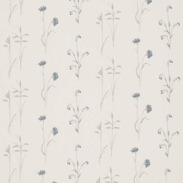 Chalk-white botanical fabric with fine meadow stems and cobalt blue flower heads