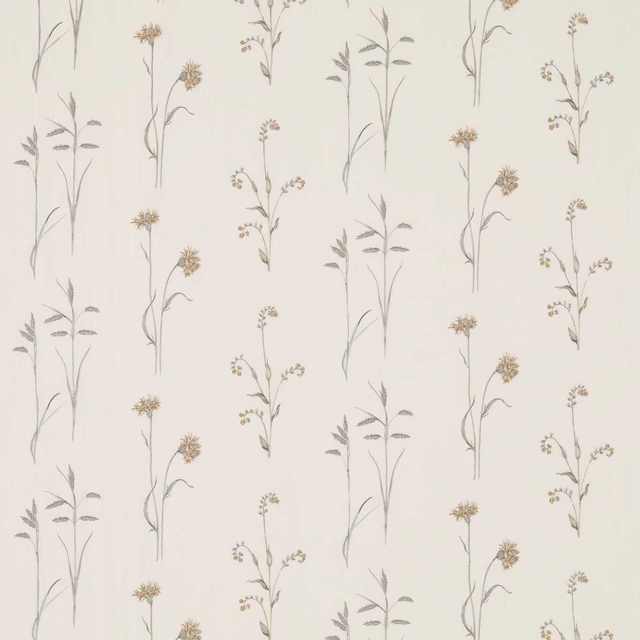 Cream fabric swatch with slender sage meadow stems and honey flower heads