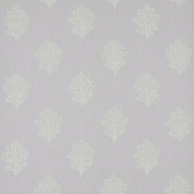 Pale grey-blue fabric with repeated ivory oak leaf motif and fine striated ground