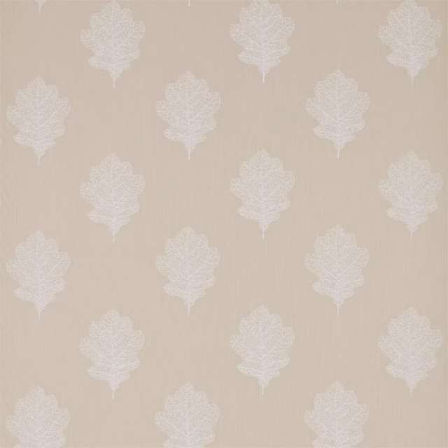 Pale stone beige fabric with small white oak leaf motifs