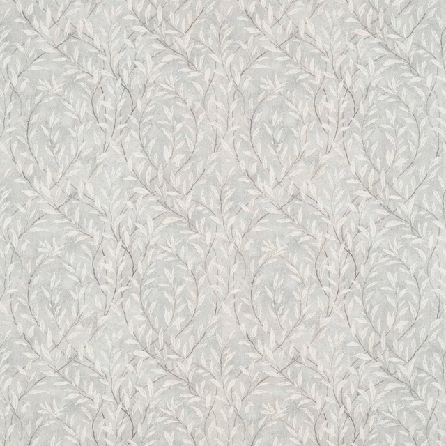 Pale dove-grey leaf trail fabric with a soft woven texture