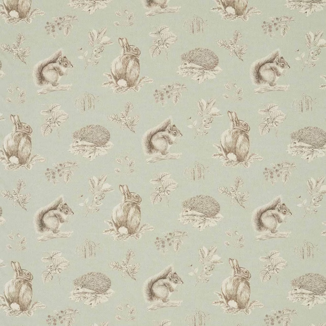 Pale seaspray green fabric with squirrel and hedgehog woodland print