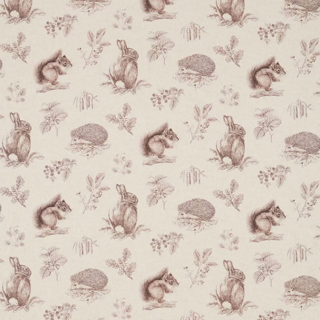 Cream fabric swatch with repeated squirrels, hedgehogs and delicate woodland sprigs