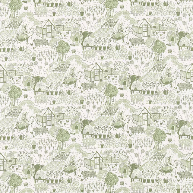 Pale fennel green country garden scene with sheds, plants and trees on ivory ground