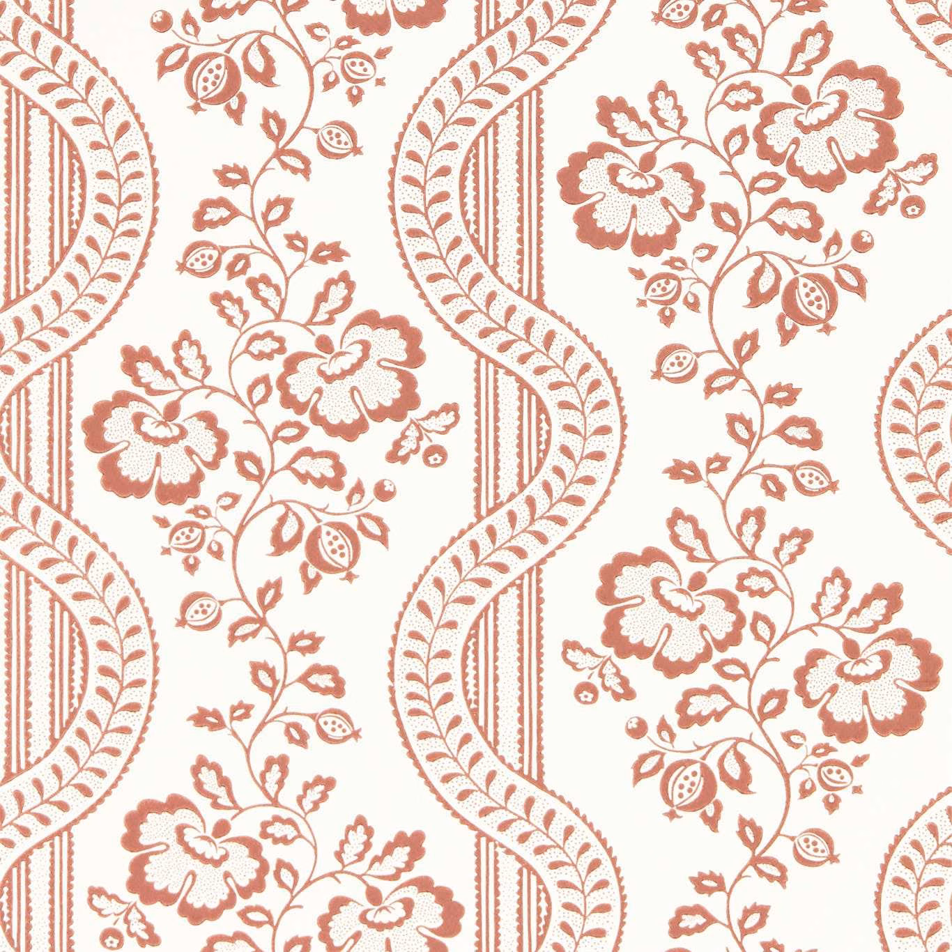 Terracotta botanical flowers and scrolling leaf bands on a cream wallpaper ground