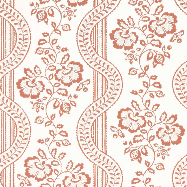 Terracotta botanical flowers and scrolling leaf bands on a cream wallpaper ground