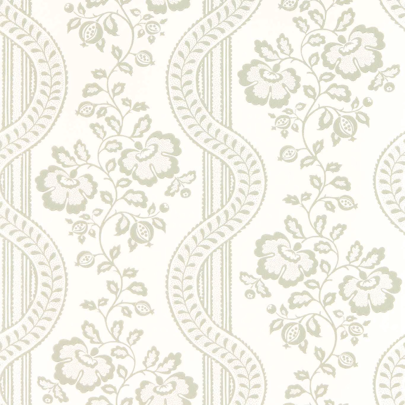 Pale sage floral and paisley wallpaper on an ivory ground with vertical stripe details