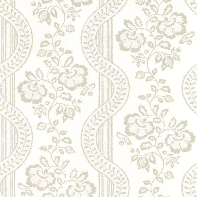Pale sage floral and paisley wallpaper on an ivory ground with vertical stripe details