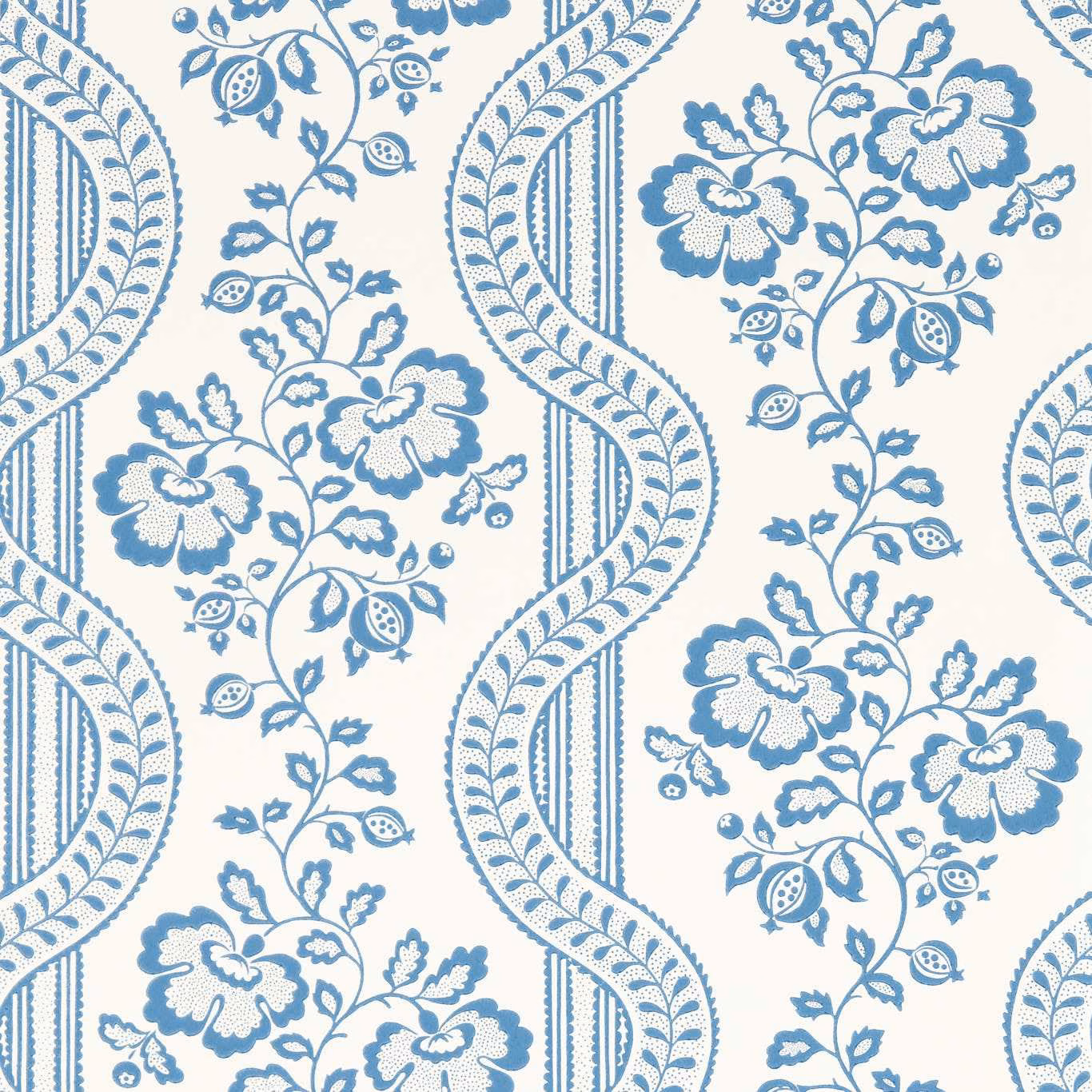 Muted pottery-blue floral sprays and striped leafy bands on a cream wallpaper ground
