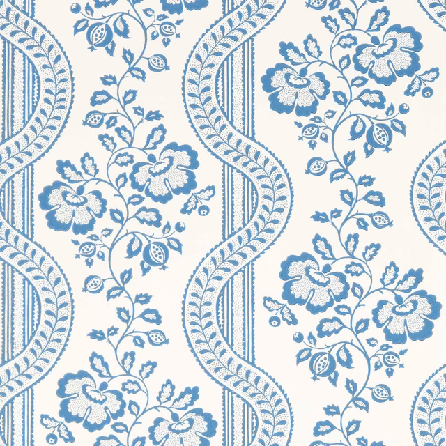 Muted pottery-blue floral sprays and striped leafy bands on a cream wallpaper ground
