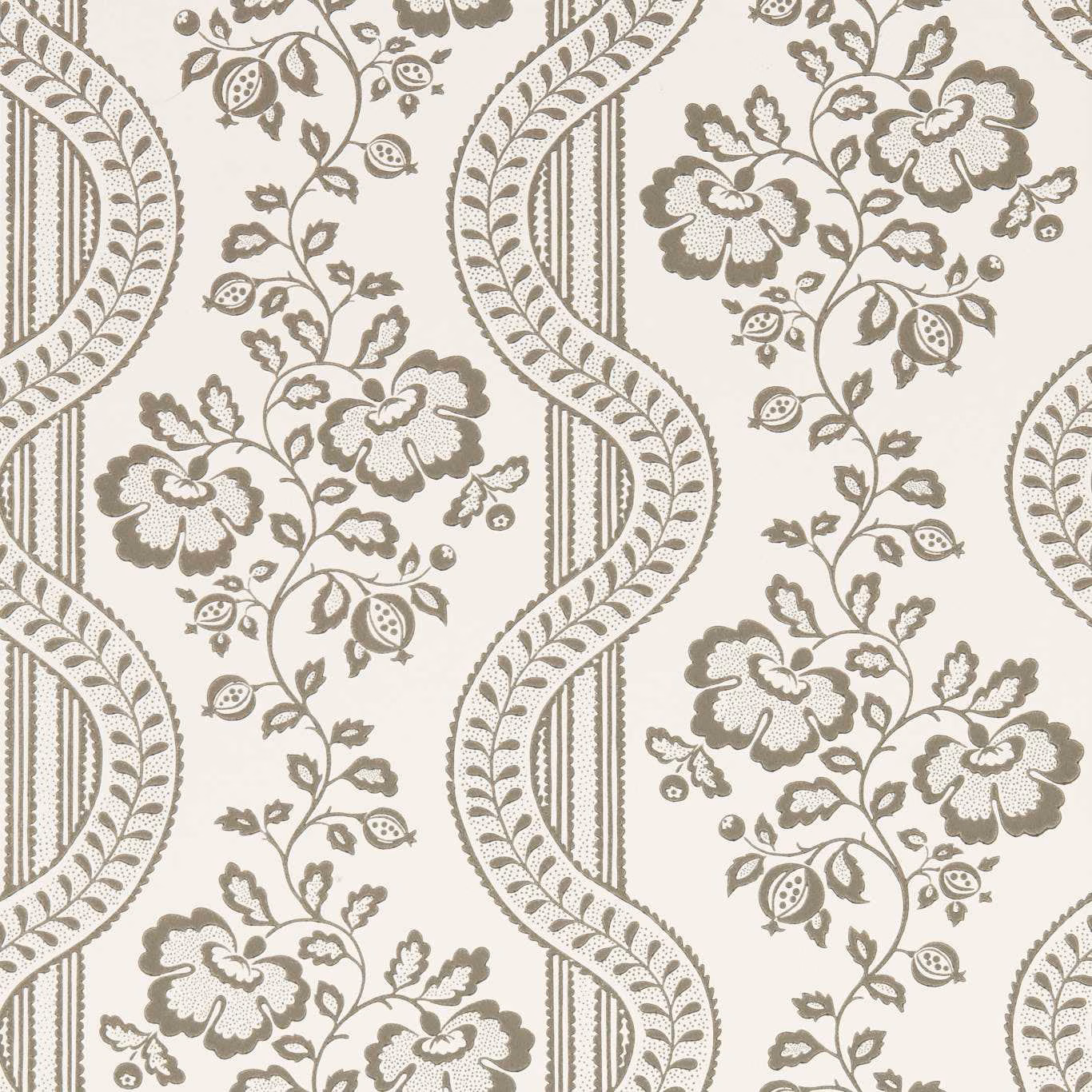 Warm cream wallpaper with taupe-brown paisley bands and floral sprays