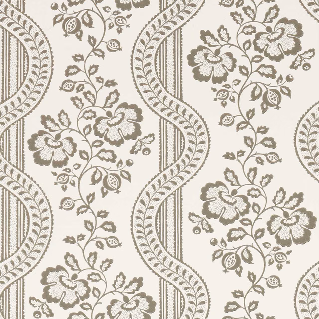 Warm cream wallpaper with taupe-brown paisley bands and floral sprays