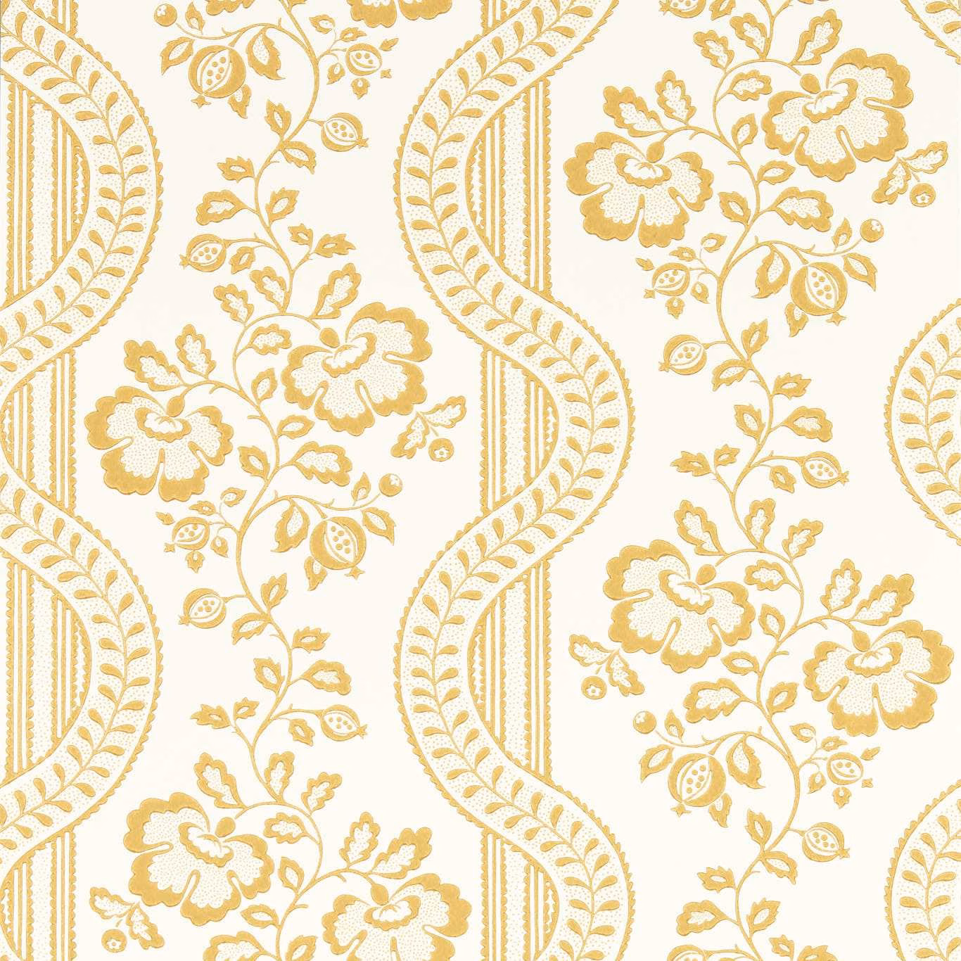 Golden honey floral sprays and scrolling leaf bands on a warm ivory wallpaper ground