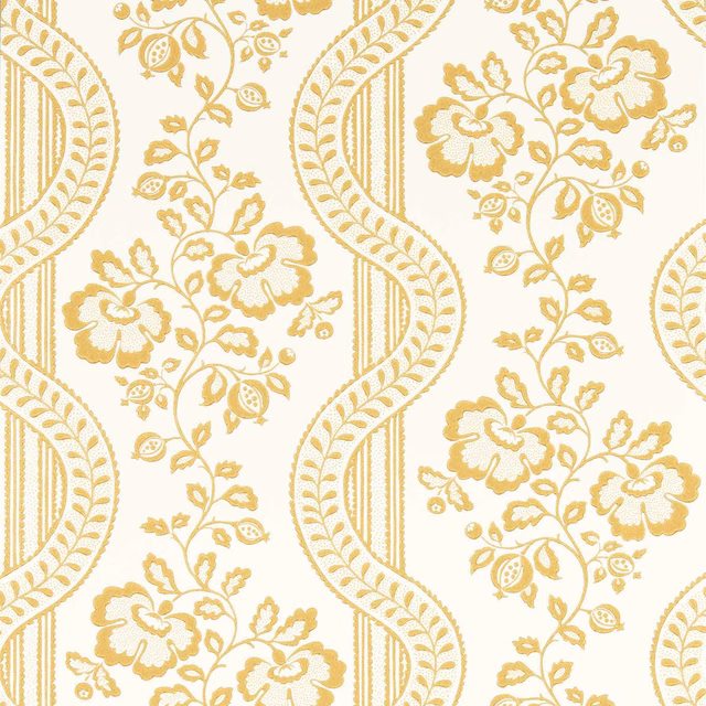 Golden honey floral sprays and scrolling leaf bands on a warm ivory wallpaper ground