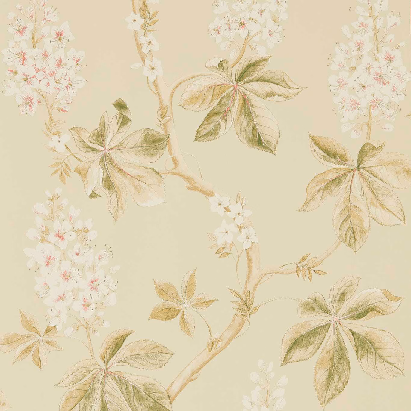 Warm ivory wallpaper with bayleaf leaves, coral blossoms and branching chestnut motifs