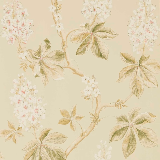Warm ivory wallpaper with bayleaf leaves, coral blossoms and branching chestnut motifs