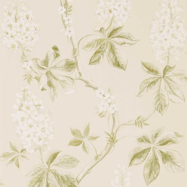 Warm cream wallpaper with pale lettuce leaves, lemon stems and white blossoms