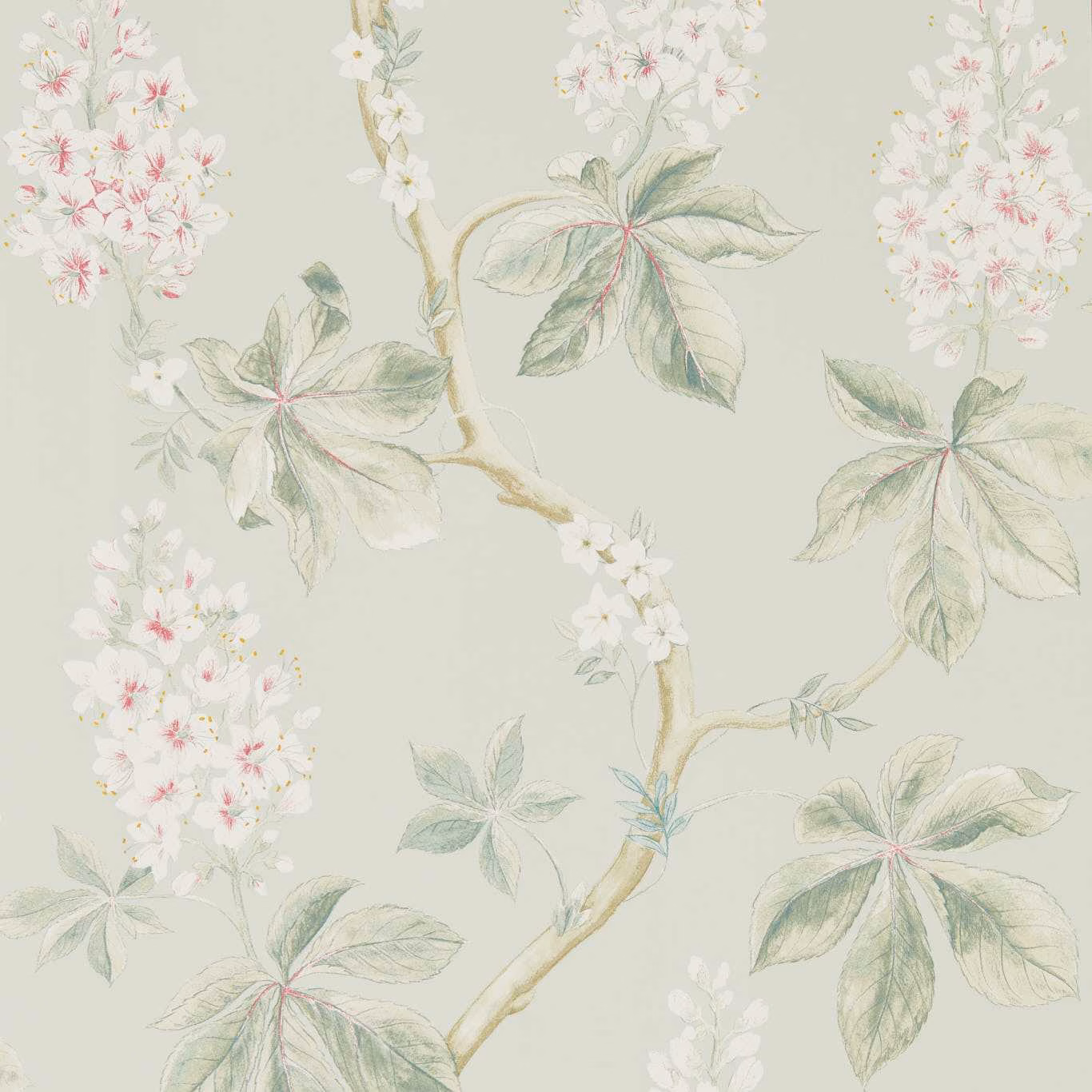 Pale sage wallpaper with blush blossom clusters and painterly chestnut leaves